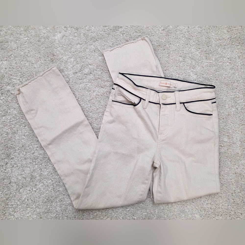 Tory Burch Cream Jean Pants with Navy Trim, Women's Size 23